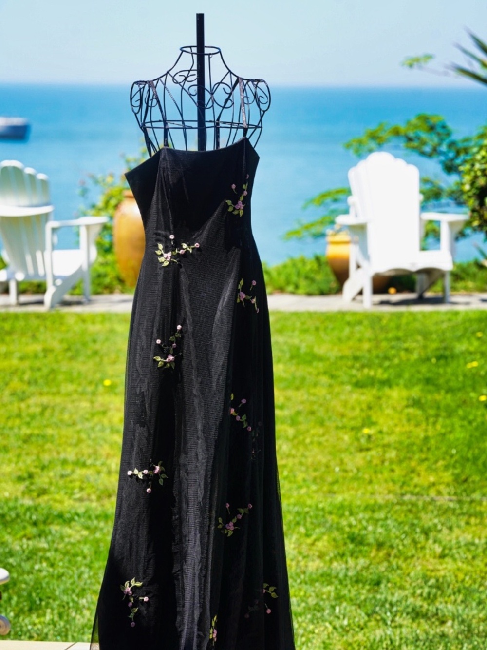 VTG Y2K Morgan & Co Linda Bernell Black Floral Mesh Prom Gown Dress 13/14